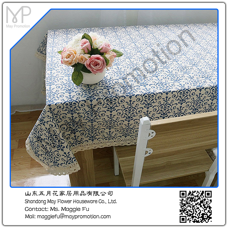 blue printed cotton table cloth with lace