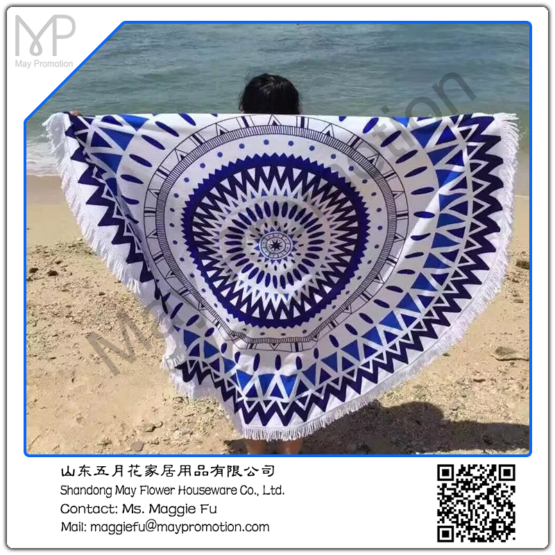  cotton velour printing round beach towel with fringe 