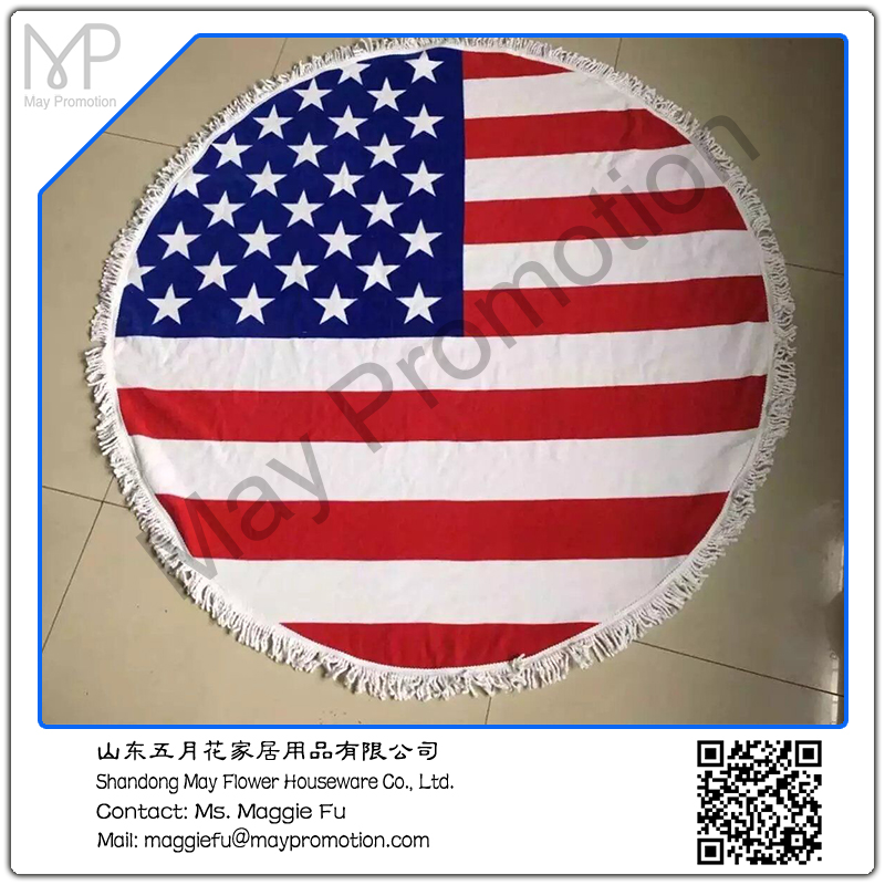 USA flag cotton velour printing round beach towel with fringe 
