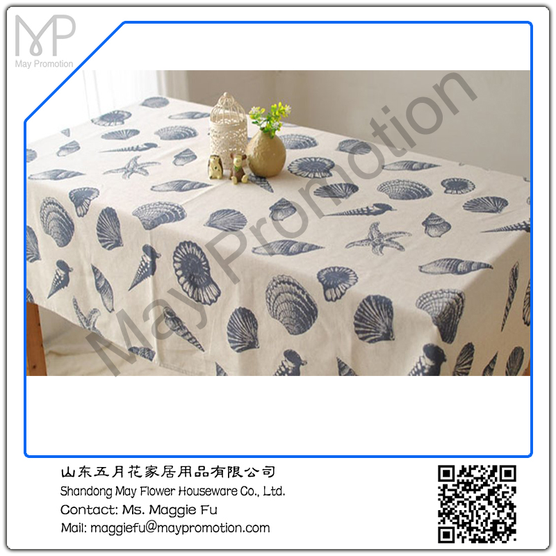 silk screen printed shell sea blue cotton table cloth 