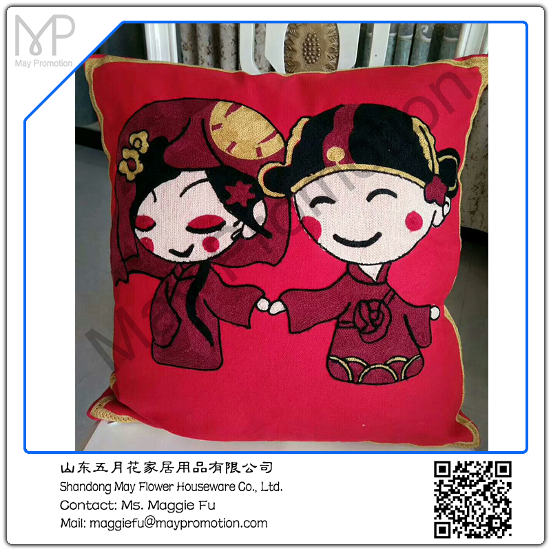 May flower red wedding cartoon chinese bride and groom embroidery cushion